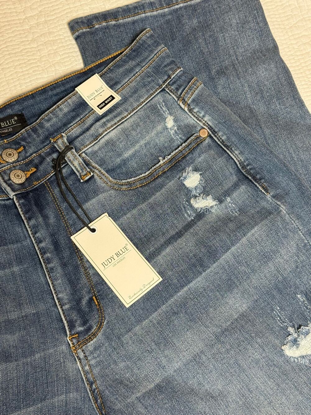 Judy Blue High Waist Double Button Straight Leg Jeans Distressed 14W Slit Hem